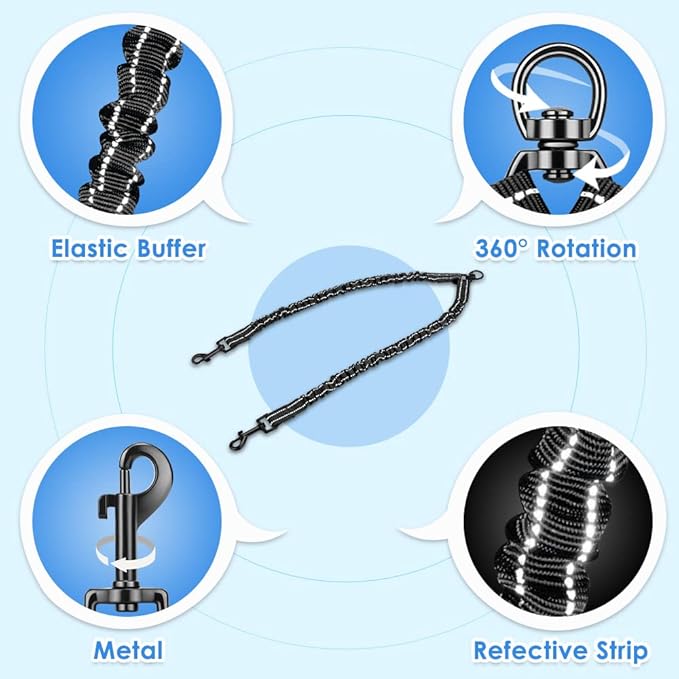 AUTOWT Double Dog Leash, No Tangle 360° Swivel Rotation Reflective Lead Attachment Bungee Extension Length Dual Two Dog Lead Splitter, Comfortable Shock Absorbing Walking Training for 2 Dogs