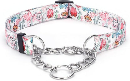 Martingale Dog Collar with Stainless Steel Chain - Limited Chain Cinch Training Collar for No Pull Training Dog - Flower Multicolor Cute Patterns - Premium No Slip Collar (L, White1)