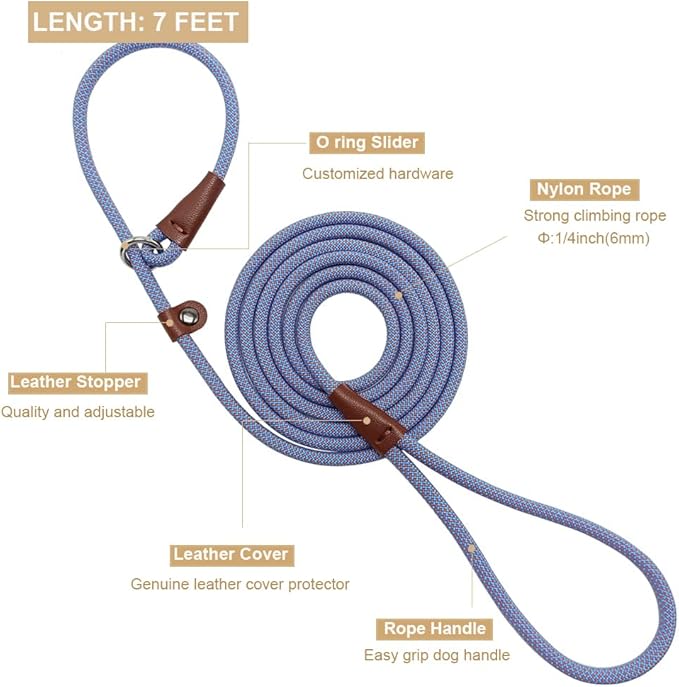 BTINESFUL 7ft Slip Lead Dog Leash, 1/4" Nylon Rope Dog Training Leash for Small Medium Dogs Outdoor No-Pull Walking, Behavior Training, 14+ Colors