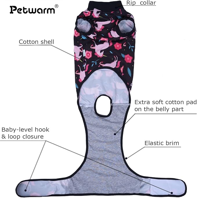 PetWarm Recovery Suit for Dogs, Dog After Surgery Onesie, Spay and Neuter, Prevents Licking Cotton Protect Dog Abdominal, E-Collar Alternative, Unicorn Pattern, Black, M
