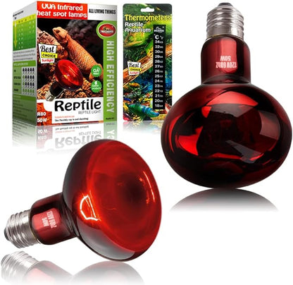 2 Pack 50w Reptile Heat Lamp Bulb Infrared Basking Spot Heat Lamp for Reptiles & Bearded Dragon Amphibian, Chicks, Dog Heating Use with Stick-on Digital Temperature Thermometer