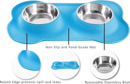 Hubulk Pet Dog Bowls 2 Stainless Steel Dog Bowl with No Spill Non-Skid Silicone Mat + Pet Food Scoop Water and Food Feeder Bowls for Feeding Small Medium Large Dogs Cats Puppies (Large, Turquoise)