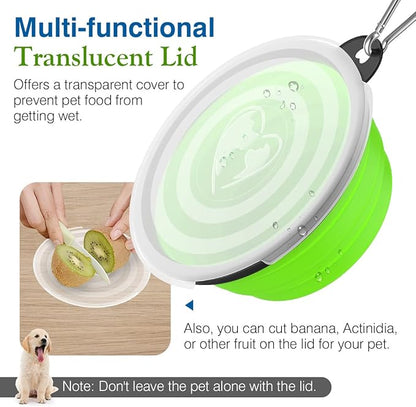 Pawaboo Collapsible Dog Bowls 2 Pack, Silicone Feeding Watering Bowls with Lids & Carabiners for Dogs Cats, Portable Water Feeder Food Bowl for Walking Traveling Home Use, 1000ml, Blue + Green