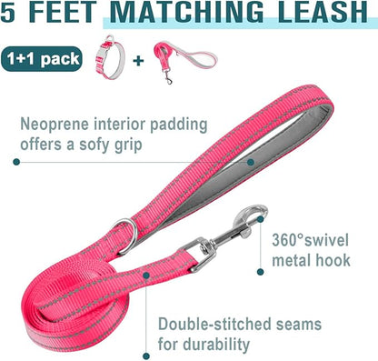 Dog Collar for Medium Small Large Dogs Reflective with Leash,Collar and Leash for Dogs,Soft Neoprene Padded 2 Pack(Pink,M)
