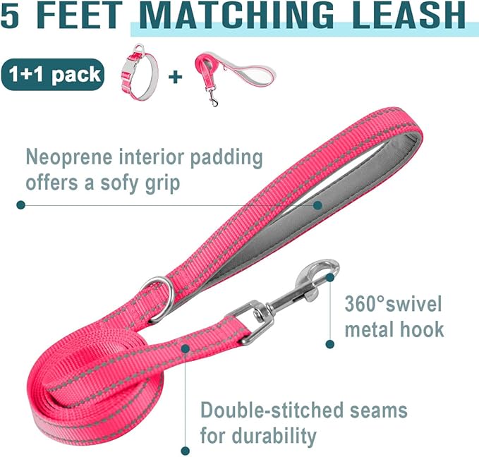 Dog Collar for Medium Small Large Dogs Reflective with Leash,Collar and Leash for Dogs,Soft Neoprene Padded 2 Pack(Pink,L)