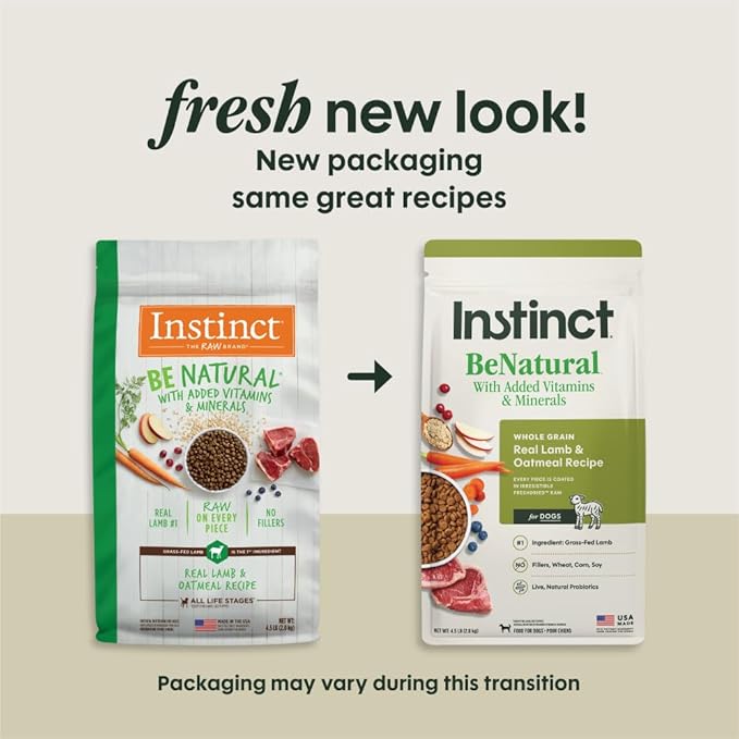 Instinct Be Natural, Natural Dry Dog Food, Raw Coated Kibble - Real Lamb & Oatmeal, 4.5 lb. Bag