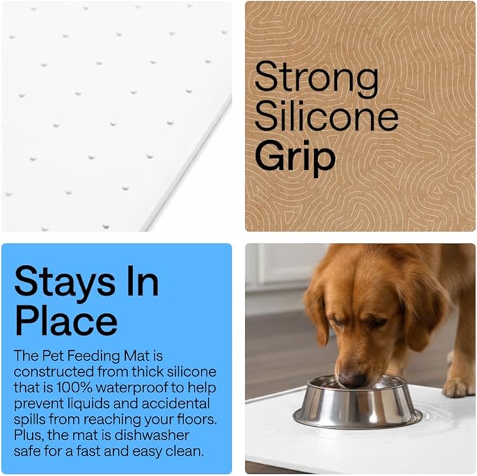 GORILLA GRIP 100% Waterproof Raised Edge BPA Free Silicone Pet Feeding Mat, Dog Cat Food Mats Contain Spills Protects Floors, Placemats for Cats and Dogs Water Bowl, Pets Accessories 32x24 White