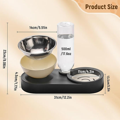 Marchul Stainless Steel Dog Cat Bowls, 15° Tilted Elevated Cat Food and Water Bowl Set with 500ml Gravity Bottle for Small Medium Pets, Leak-Proof