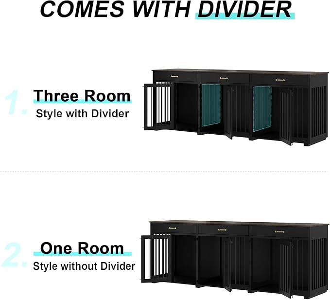 Dog Crate Furniture - Indoor Wooden Dog Kennel Crate Furniture with 2 Dividers, 3 Drawers, and 3 Lockable Doors, 95"x23.6"x31.5"H, Black