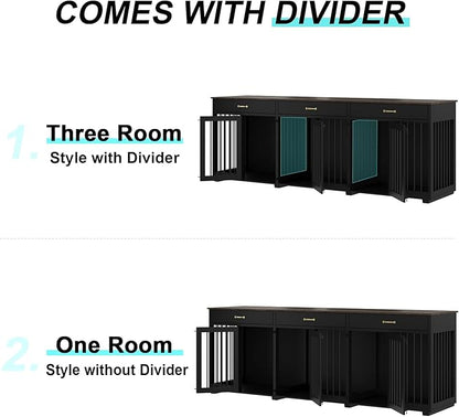 Dog Crate Furniture - Indoor Wooden Dog Kennel Crate Furniture with 2 Dividers, 3 Drawers, and 3 Lockable Doors, 95"x23.6"x31.5"H, Black