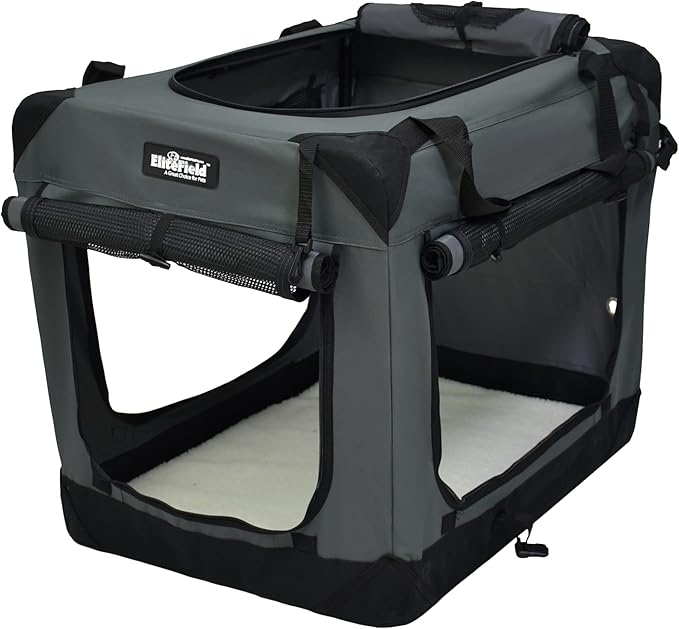EliteField 4-Door Folding Soft Dog Crate with Curtains, Carrying Bag and Fleece Bed (2 Year Warranty), Indoor & Outdoor Pet Home (42" L x 28" W x 32" H, Gray+4 Door Curtains)