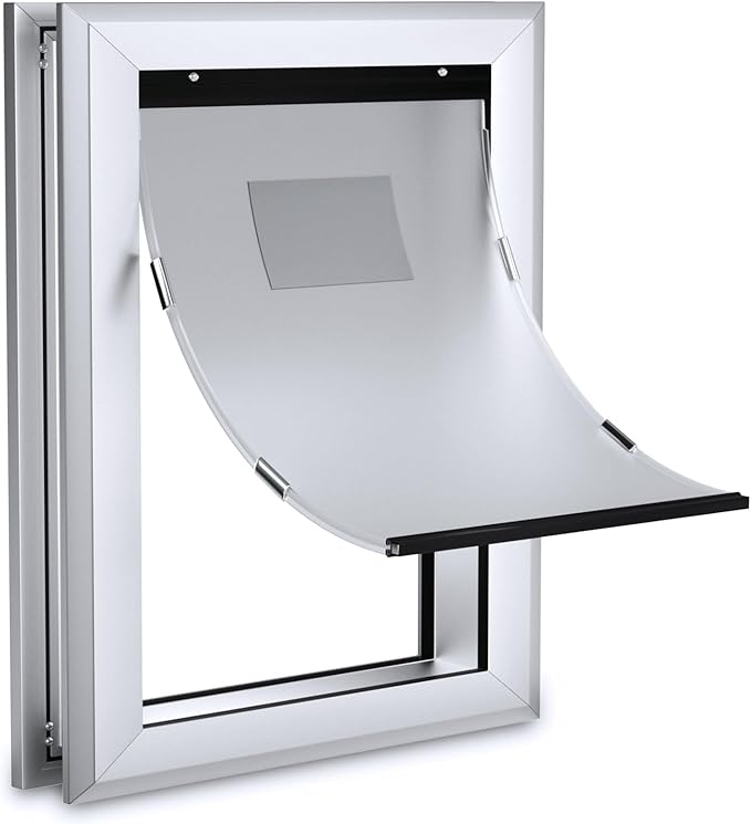 Ownpets Aluminum Large Dog Door, Pet Door with Magnetic Flap and Lockable Sliding Panel, Heavy Duty Doggy Door for Dogs Up to 100lbs(Silver)