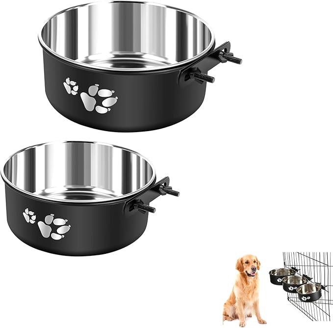 2 Pack Black Stainless Steel Pet Bowls Anti-Spill Metal Feeder Food and Water Feeding Bowl, Hanging Cage Pet Crate Bowl for Puppy Kennel Medium Large Pets (Black,M (5.5x2.2'' & 6.2x2.3''))