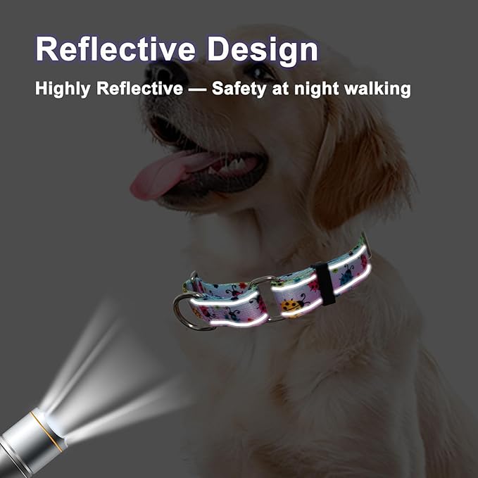 Reflective Martingale Collar for Dogs Nylon Training Collar with No Buckle, No Pull Adjustable Dog Collar for Large Dogs（Gradient Ladybug，L）