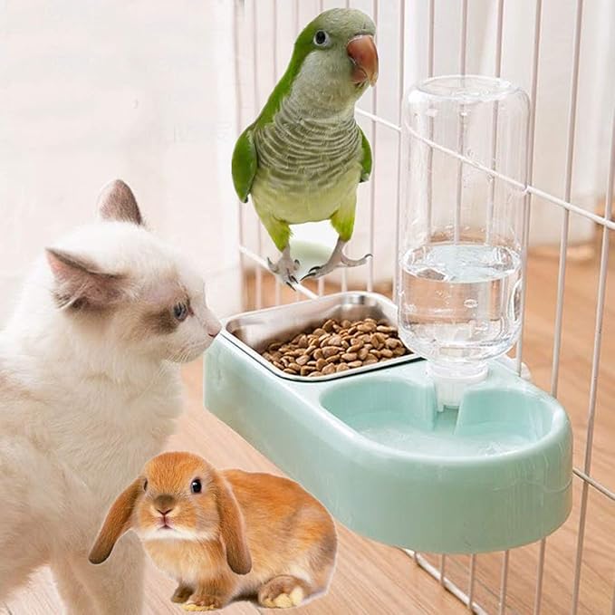 Cage Dual Bowl, Crate Hanging Double Dog Cat Bowls, Pet Water and Food Bowl Set with Automatic Water Dispenser Bottle Detachable Stainless Steel Bowl Cage Dish Holder for Bird Rabbit Dog Cat, Blue