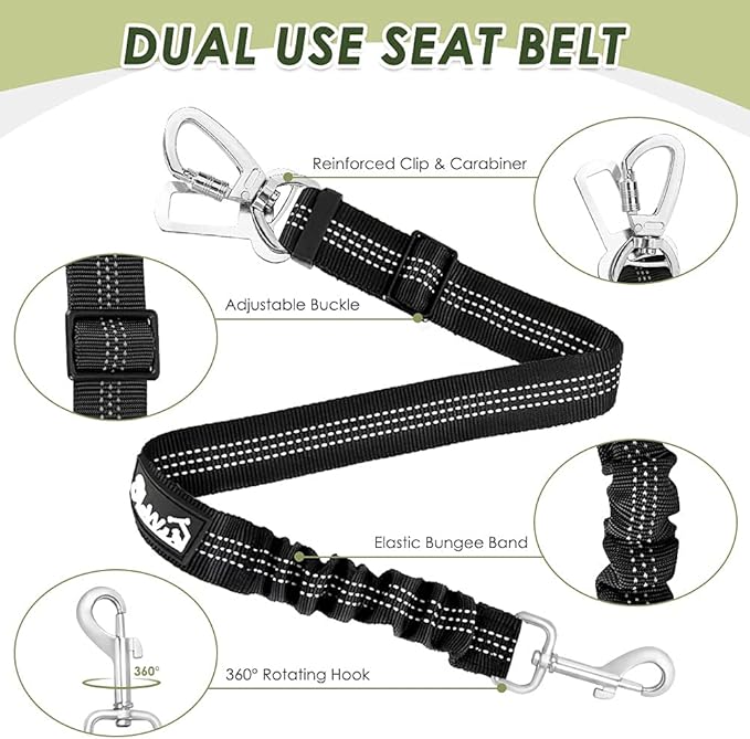 SlowTon Dog Seatbelt, 2 Pack Dog Seat Belt Car Leash Adjustable Elastic Bungee Buffer Heavy Duty Nylon Reflective Pet Safety Tether Connect to Dog Harness for Travel Riding in Vehicle (Daul Clip, B)