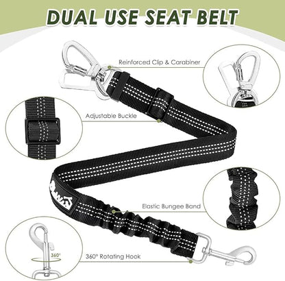 SlowTon Dog Seatbelt, 2 Pack Dog Seat Belt Car Leash Adjustable Elastic Bungee Buffer Heavy Duty Nylon Reflective Pet Safety Tether Connect to Dog Harness for Travel Riding in Vehicle (Daul Clip, B)
