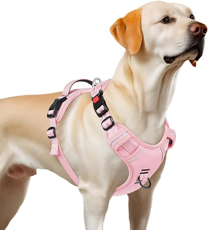 Timos Dog Harness Large Sized, No Pull Pet Harness with Neck Lockable Snap,No Choke Front Clip Dog Reflective Vest,Adjustable Metal Rings 3 Buckles,Easy Control Handle for Large Dogs Pink L