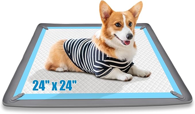 Puppy Pad Holder, 24” x 24” Dog Pee Pad Holder Tray with 4 Magnetic Clips, No Spill Raised Edge Indoor Silicone Dog Potty Trays, Leak-Proof Square Dog Toilet Training Pads Mat for Floor Protection
