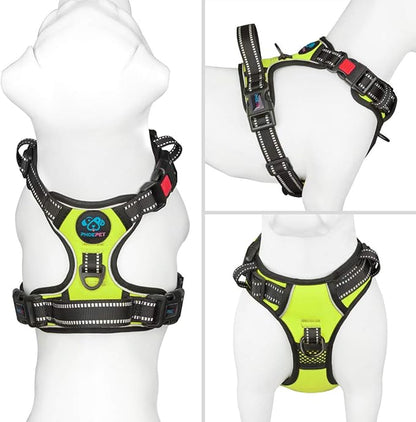 PHOEPET Reflective Dog Harness Large Breed Adjustable No Pull Vest with Handle 2 Metal Rings 3 Buckles [Easy to Put on & Take Off](L, Green)
