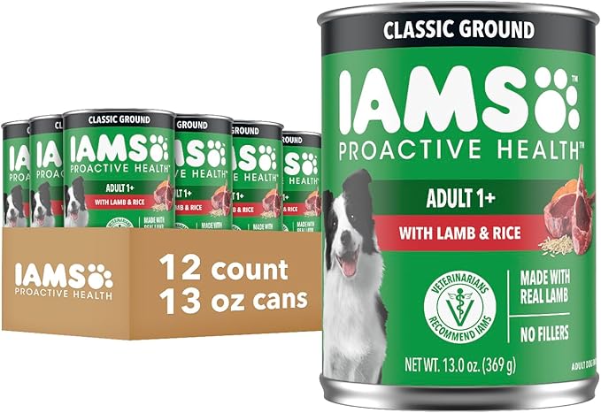 IAMS Proactive Health Wet Dog Food, Adult Wet Dog Food Multipack Ground Dinner, Lamb & Rice, 13 oz. Cans (Pack of 12)