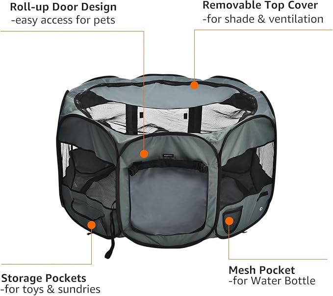 AmazonBasics Foldable Octagonal Indoor/Outdoor Portable Soft Pet Dog Playpen with Storage Pockets, Large (45 x 45 x 24 inches), Grey