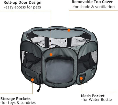 AmazonBasics Foldable Octagonal Indoor/Outdoor Portable Soft Pet Dog Playpen with Storage Pockets, Large (45 x 45 x 24 inches), Grey