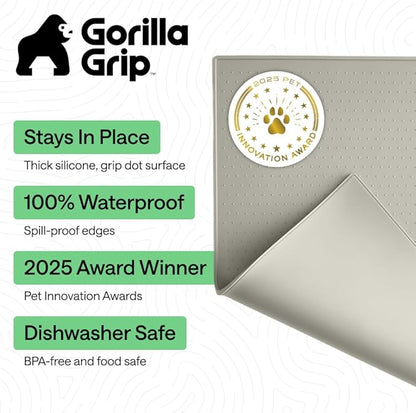 GORILLA GRIP 100% Waterproof Raised Edge BPA Free Silicone Pet Feeding Mat, Dog Cat Food Mats Contain Spills Protects Floors, Placemats for Cats, Dogs Water Bowl, Pets Accessories 16x10, Light Gray