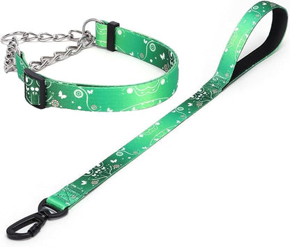 Martingale Dog Collar and Leash Set, Stainless Steel Chain, No Pull Training Collar with Flower Design, for Small, Medium, Large Dogs (NO8, S)