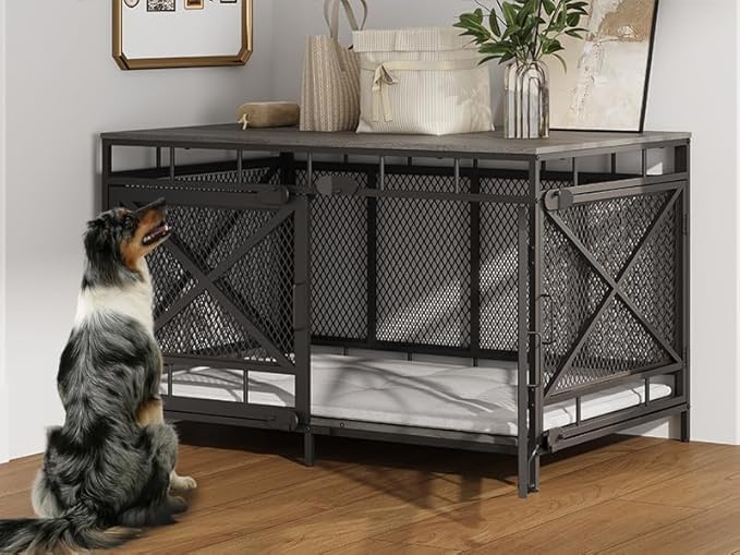 Dog Crate Furniture, Wooden Dog Kennel Table, Heavy Duty Large Indoor Dog House with Three Doors, 43" Large Size (Grey)