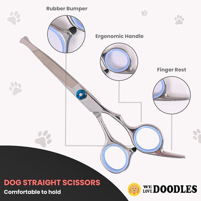 Dog Grooming Scissors Kit with Rounded Blunt Tips, Straight, Curved & Thinning Shears, Tools for Goldendoodles, Poodles & Doodles, Professional Grade Stainless Steel, 4 Pc Set [We Love Doodles]