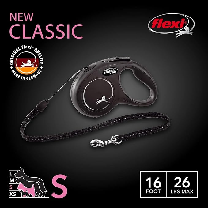 FLEXI New Classic Cord Retractable Dog Leash for Small Dogs up to 26 lbs. – 16 ft., Black | Tangle-Free Pet Walking Leash with One-Handed Brake, Pause, Lock|German Quality Product