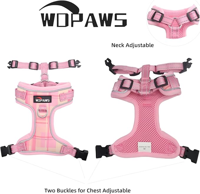 No Pull Dog Harness and Leash Set-Reflective Plaid Design, Adjustable & Comfortable with Front D Ring for Small Medium Dogs (S, Pink Plaid)