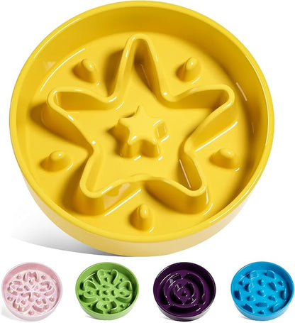 LE TAUCI Slow Feeder Dog Bowls Ceramic, 1.5 Cups Dog Food Bowl, Puppy Slow Feeder Dish for Fast Eaters, Star Yellow