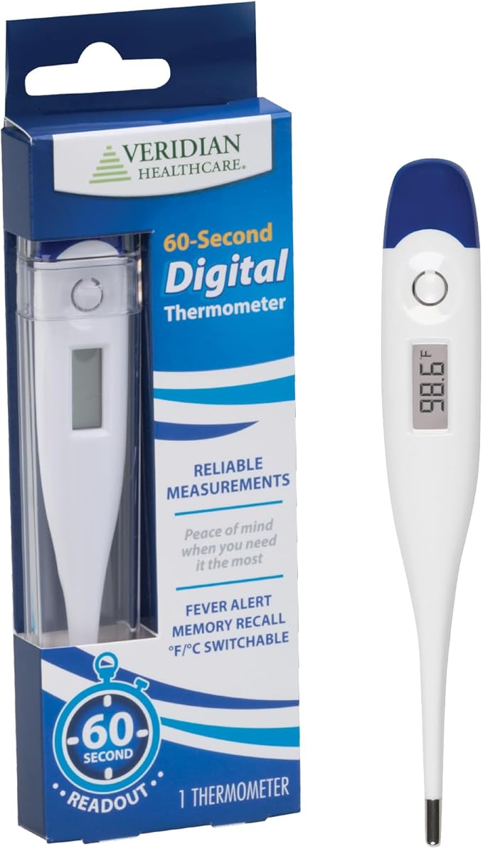 Veridian Healthcare Digital Thermometer | 60-Second Readout | Fever Alert + Memory Recall| Clinical Rigid Tip | Hygienic Water-Resistant Easy Cleaning | Storage Case + Probe Covers Included