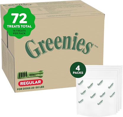 Greenies Veterinarian-Recommended Adult Natural Dental Dog Treats Regular Size, Dog Dental Chews, Original Flavor, (4) 18 Count Packs (72 Treats Total)