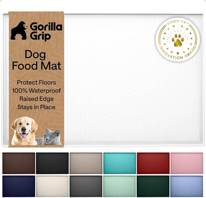 GORILLA GRIP 100% Waterproof Raised Edge BPA Free Silicone Pet Feeding Mat, Dog Cat Food Mats Contain Spills Protects Floors, Placemats for Cats and Dogs Water Bowl, Pets Accessories 32x24 White