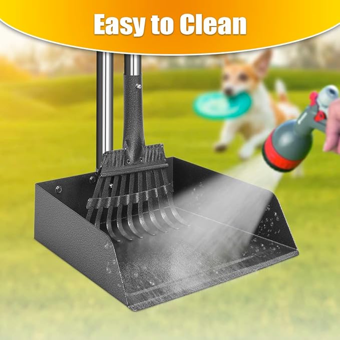 TOOGE Larger Pooper Scooper for Large Dogs, Dog Pooper Scooper for Large Medium Small Dogs Long Handle Stainless Metal Tray and Rake Set Heavy Duty