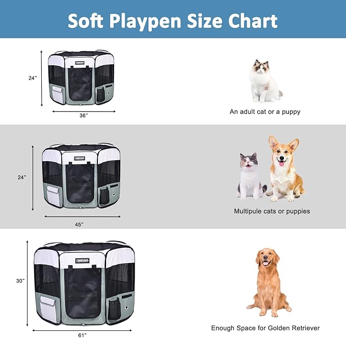 JESPET 61" Pet Dog Playpens, Portable Soft Dog Exercise Pen Kennel with Carry Bag for Puppy Cats Kittens Rabbits,Shale Green
