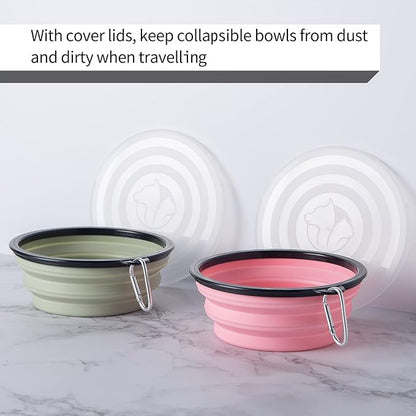 SLSON Dog Bowls Pet Collapsible Bowl with Cover Lids,2 Pack Dog Travel Bowls Portable Foldable Cat Water Dish Bowl for Pets Walking Parking Camping (Fairy Pink and Sprout Green, Large)