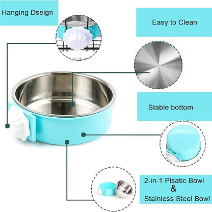 HERCOCCI Dog Crate Bowls, Removable Stainless Steel Pet Kennel Cage Hanging Food Bowls and Water Feeder Coop Cup Prevent Overflow for Puppy, Medium Dog, Cat, Rabbit, Ferret (3PCS)