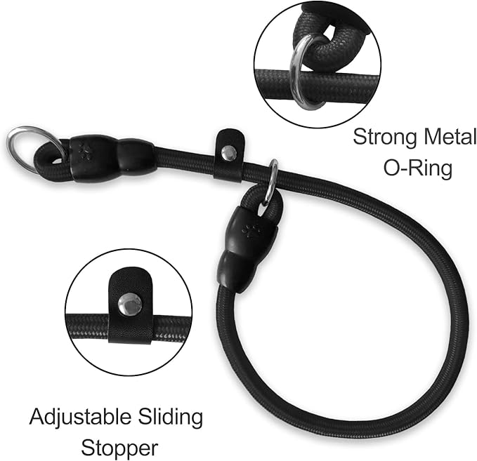 Slip Collar, Dog Choker Collar, Nylon Dog Training Collar with Slidable Stopper No Pull Dog Collars Martingale Collars for Small Medium Large Dogs, Black, M