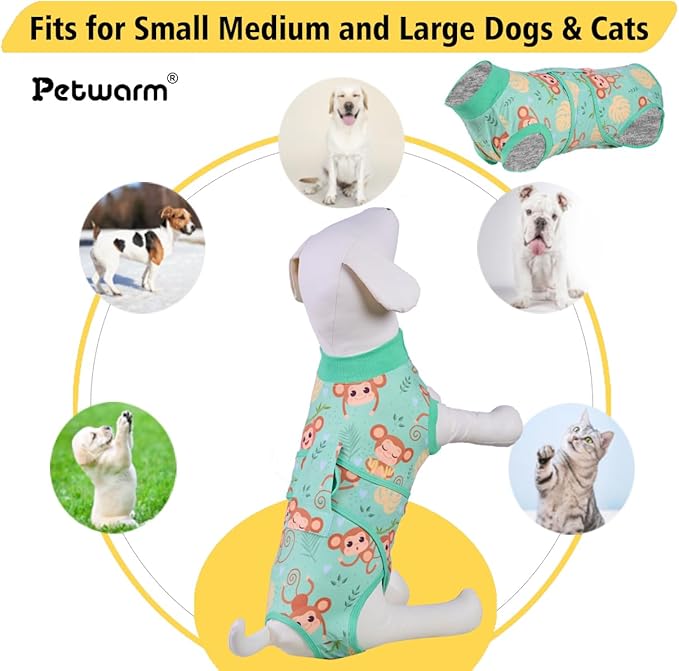 PetWarm Recovery Suit for Dogs, Female Spay Surgery Alternative, Abdominal Wounds Bandages, Onesies for Dogs, Monkey Pattern, Green, 2XL