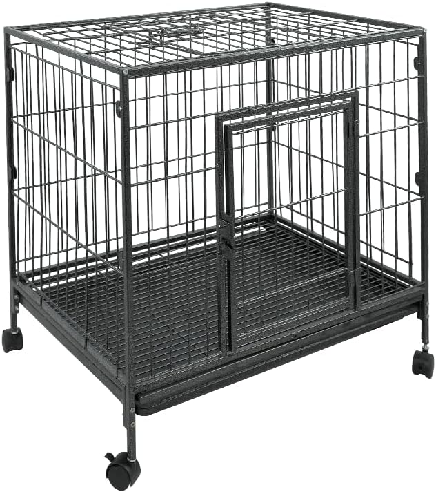 24" Heavy Duty Dog Crate, Escape Proof Double Door Dog Kennel with Removable Trays & Lockable Wheels, Stackable Dog Cage, Indestructible Metal Pet Crate Indoor for High Anxiety Small Dogs