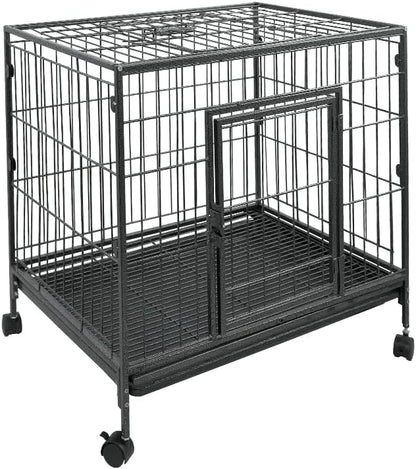 24" Heavy Duty Dog Crate, Escape Proof Double Door Dog Kennel with Removable Trays & Lockable Wheels, Stackable Dog Cage, Indestructible Metal Pet Crate Indoor for High Anxiety Small Dogs