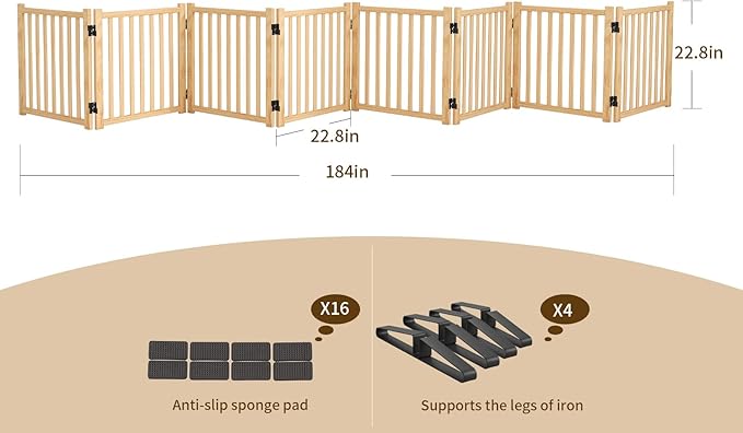 YOCAN Paint-Free Wooden Freestanding Dog Gate, Pet Gate for Indoor Use, Dog Fence for Doorways, Stairs & House, Step-Over Design, Easy to Install-8 Panel 23"