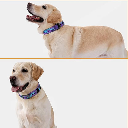 Annchwool Adjustable Dog Collar and 5FT Leash Set with Heavy Duty Metal Buckle–Comfortable Lining Collar &Dual-Handles for Medium Large Dogs Walking,Running,Car Travel (Camo Purple Set,XL:22''-30'')