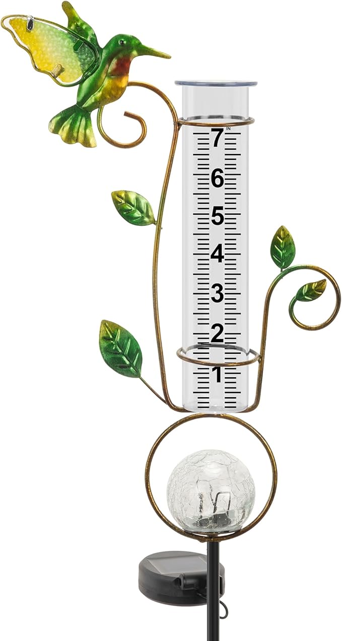Rain Gauge Outdoor - Solar Rain Gauges Hummingbird Decorative with Color Changing LED Cracked Ball Lights 7" Freeze Proof Tube Rain Gauge Outdoors Best Rated for Yard Lawn Patio Garden Decor