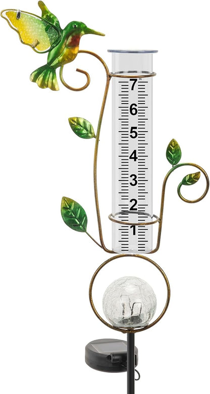 Rain Gauge Outdoor - Solar Rain Gauges Hummingbird Decorative with Color Changing LED Cracked Ball Lights 7" Freeze Proof Tube Rain Gauge Outdoors Best Rated for Yard Lawn Patio Garden Decor