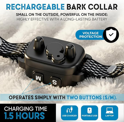 Tiny Bark Collar for Small Dogs 5-15 lbs and Puppies - No Shock Anti Barking Collar - Rechargeable Smart Collar for Dog Training with 7 Sensitivity Levels and 3 Beep&Vibration Modes (Black)